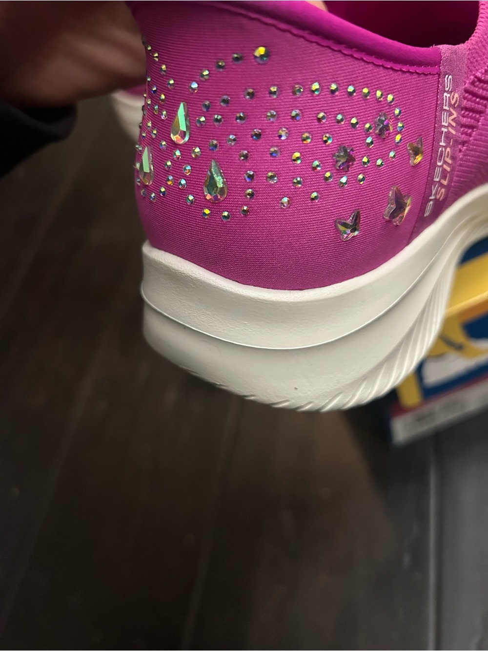 Skechers Women’s Hot Pink Stretch Knit Slip-On Sneakers with Rhinestone Heel - Picture 4 of 10